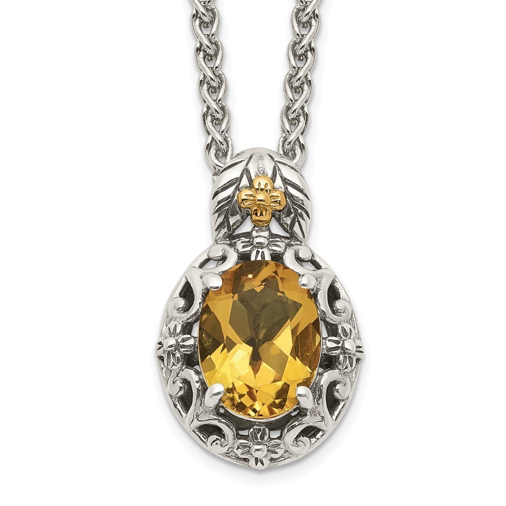 Sterling Silver 14K Accent 18 Inch Antiqued Oval Citrine Necklace 18 x 11.87 mm